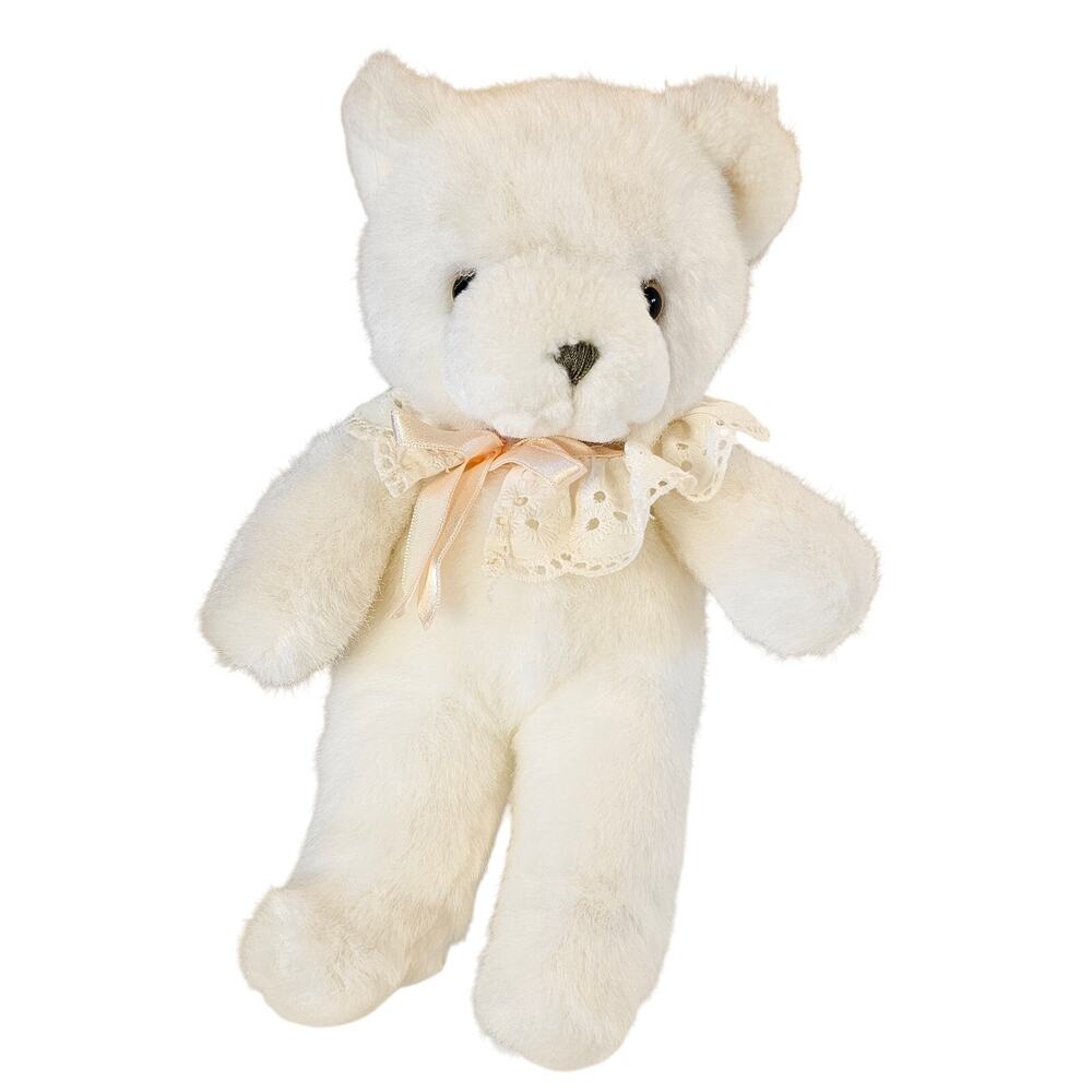 Vintage Avon White Teddy Bear Plush Lace Collar Pink Ribbon 10” Stuffed Animal